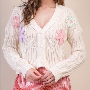 Very J Cream Hand-Made Flower Applique Knit Sweater Cardigan